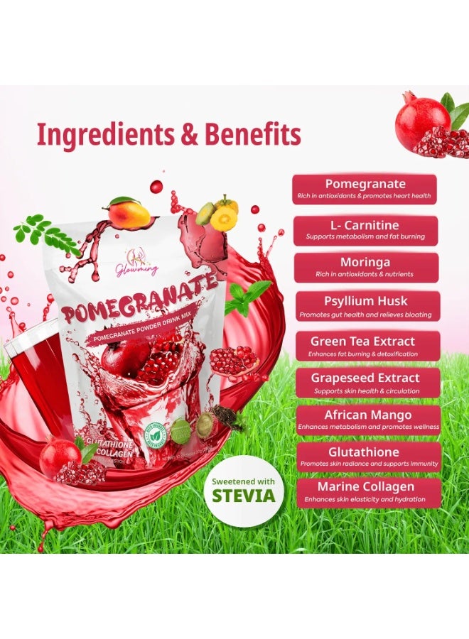 Glowming Pomegranate Wellness Drink Powder 200g 10 Sachets with Marine Collagen Glutathione L-Carnitine Stevia Halal Certified - Image 4